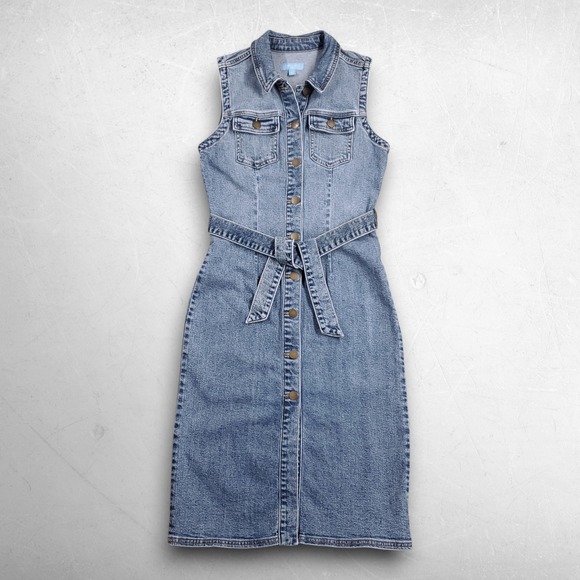 Draper James RSVP Dresses & Skirts - Draper James RSVP Sleeveless Denim Shirt Dress XS Blue Stretch Tie Belt Preppy